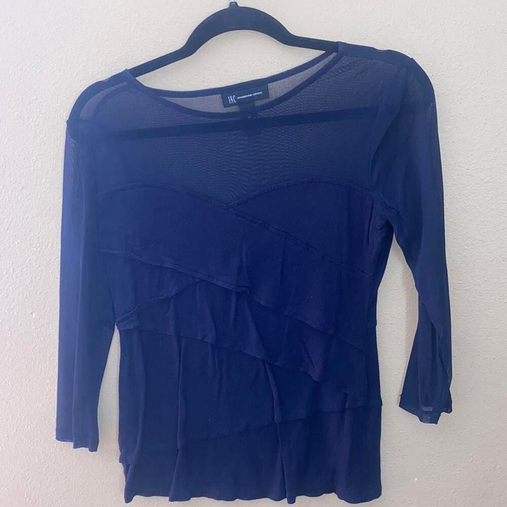 INC Navy Blue Mesh Ruched Long Sleeve Blouse Women's Medium Y2K